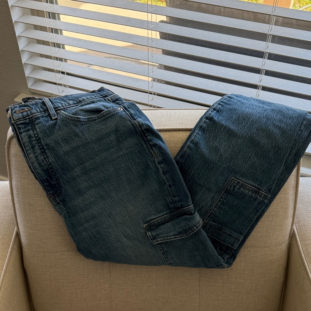 Women Dark Blue Denim Cargo Ankle Jeans